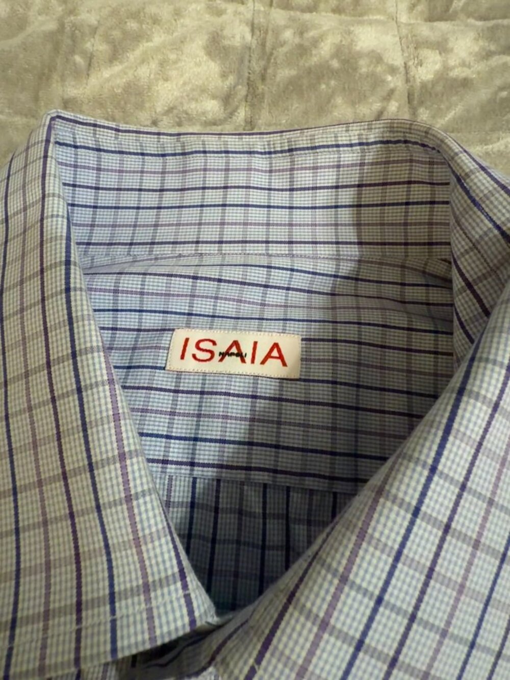 ISAIA Light Blue, Navy & Purple Windowpane Dress Shirt 17/43 Plaid 100% Cotton